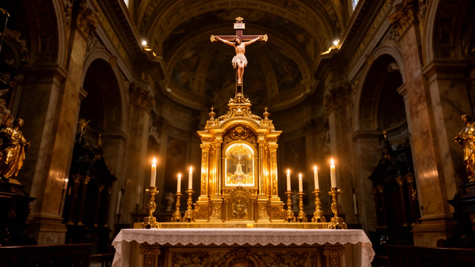 Altar católico con tabernáculo dorado